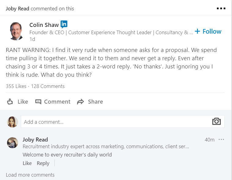 linkedin conversation about recruitment pains and tech recruitment sins