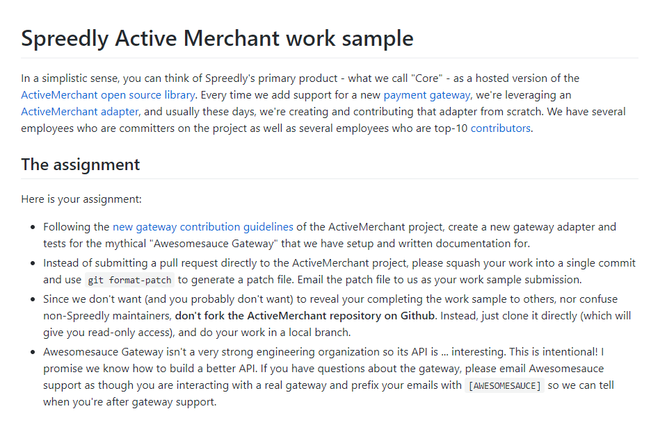 Spreedly's work sample test