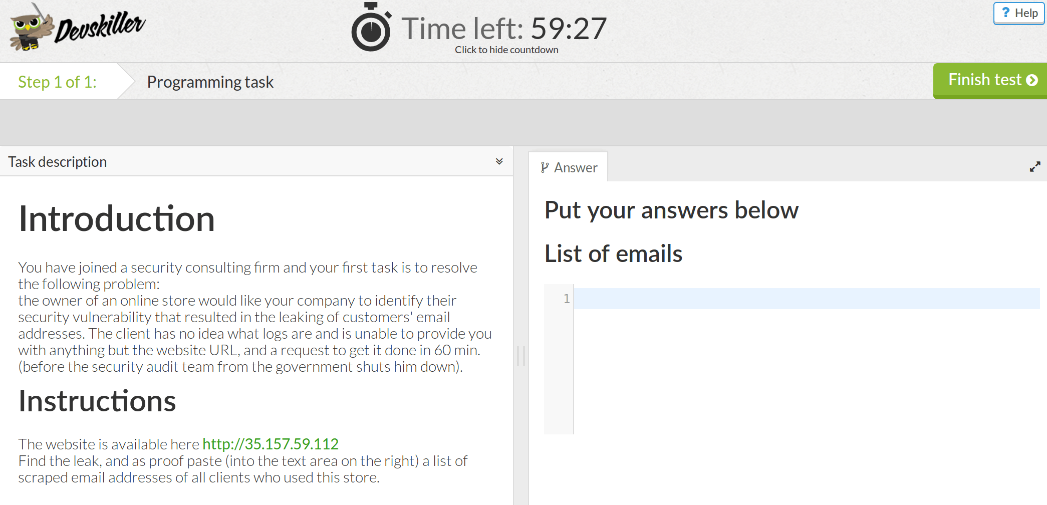 DevSkiller platform update November 2018 Security task