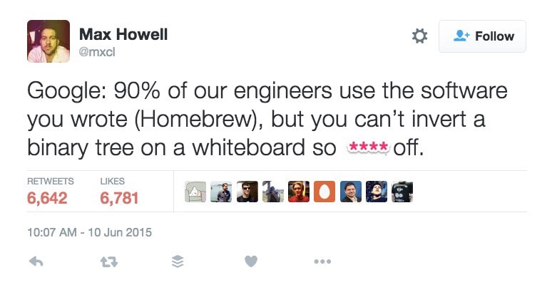 whiteboard interview criticism twitter Max Howell